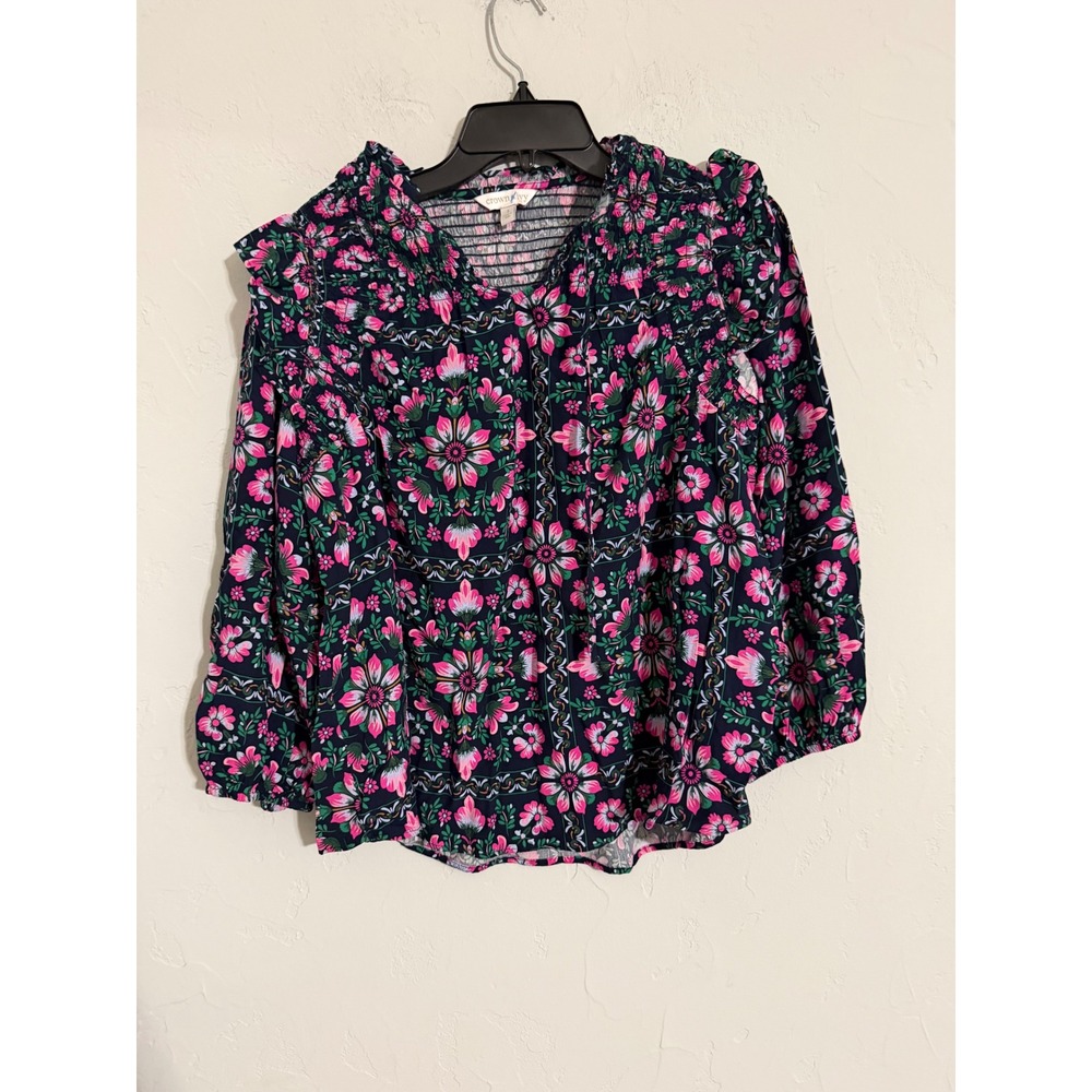 Crown & Ivy Navy Pink Floral Smocked Boho Blouse Small Long Sleeve Ruffle Top